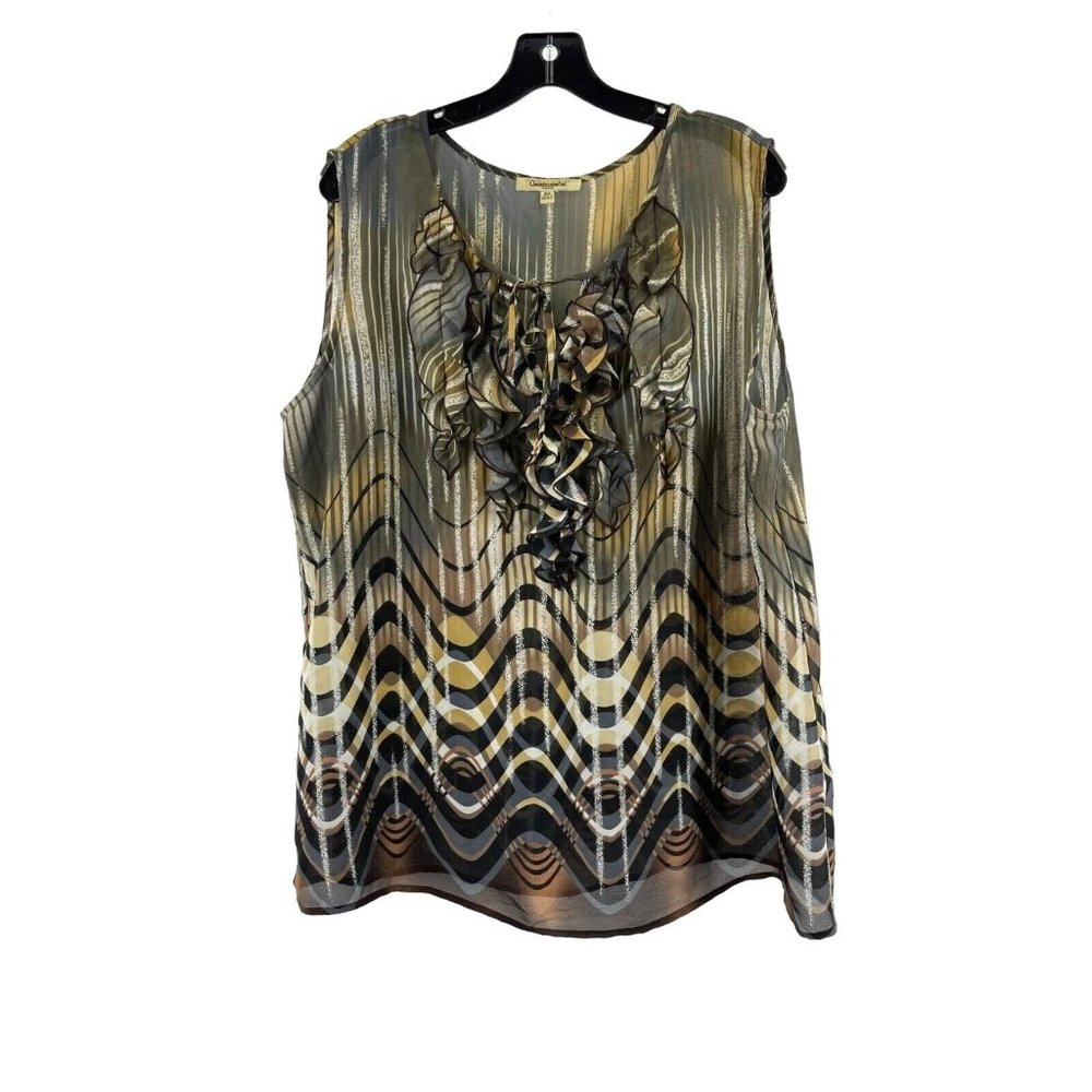 Quintessential Woman Sheer Sleeveless Ruffle V Neck Animal Print Shirt Top 2X